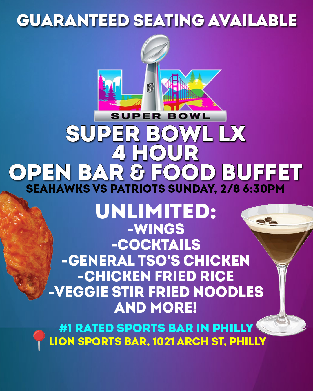 Super Bowl LX Open Bar & Buffet watch party Philadelphia, Happy Hour Philly, unlimited wings and cocktails Lion Sports Bar Center City